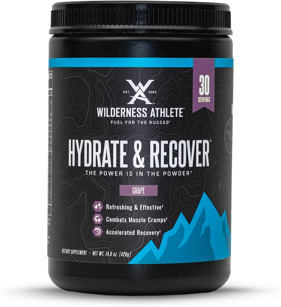 Wilderness Atlete - Hydrate & Recover Budding 124; Flydende Hydration Powder Electrolyte Drink Mix - Recover Hurtigere med Bcaas - Hydrate Powder med 1000mg C-vitamin - 30 Servering Tub (Grape)