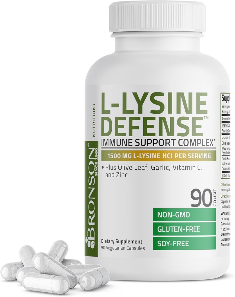 Bronson L- Lysin Defense immunsupport Complex 1500 MG L- Lysin Plus Olive Leaf, hvidløg, C-vitamin og zink - non-GMO, 90 Vegetariske kapsler
