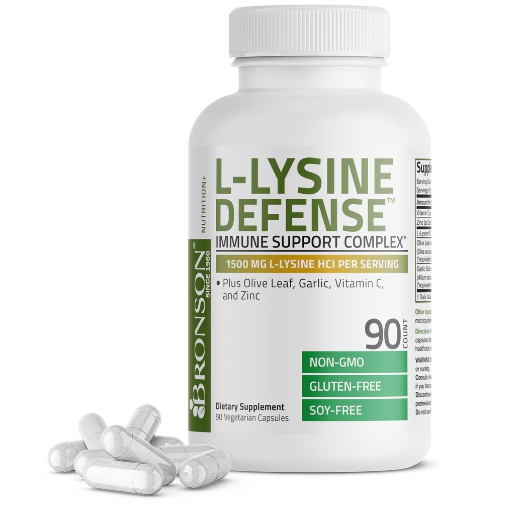 Bronson L- Lysin Defense immunsupport Complex 1500 MG L- Lysin Plus Olive Leaf, hvidløg, C-vitamin og zink - non-GMO, 90 Vegetariske kapsler