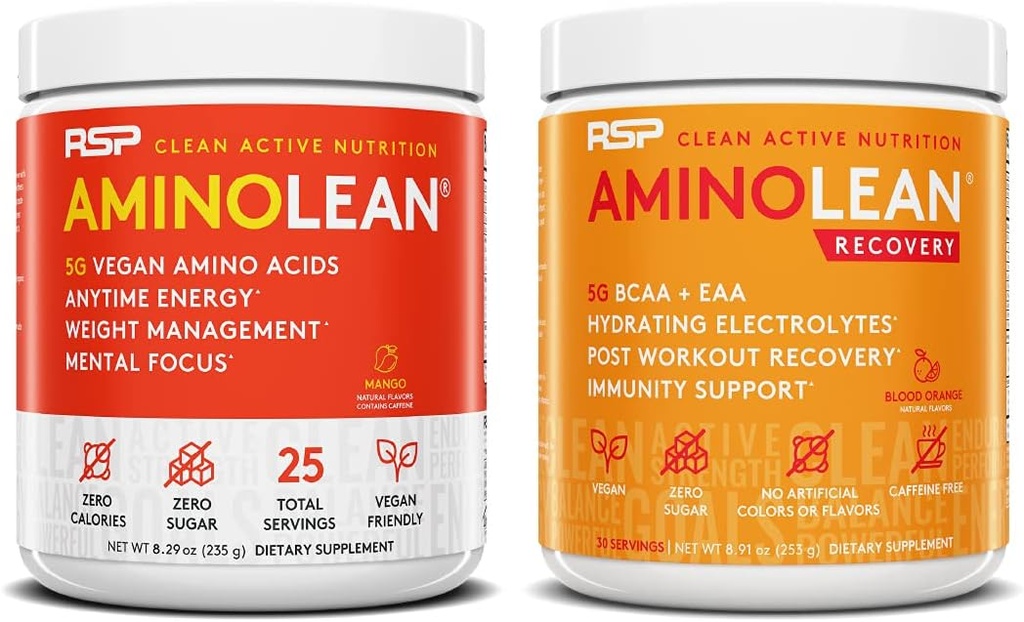 RSP NUTRITION Vegan AminoLean Pre Workout Energy (Mango 25 Servere) med AminoLean Inddrivelse Post Workout Boost (blod Orange 30 Servere)