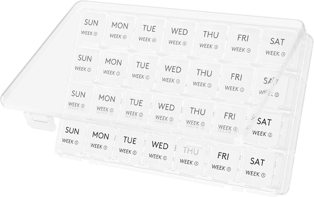 Lifewid Monthly Pill Organizer, 28 Day Pill Box, 4 Uger One Monthly Pill Cases, Store Compartments Medicine Organizer for Vitaminer, Fish Oils, Kosttilskud, Clear