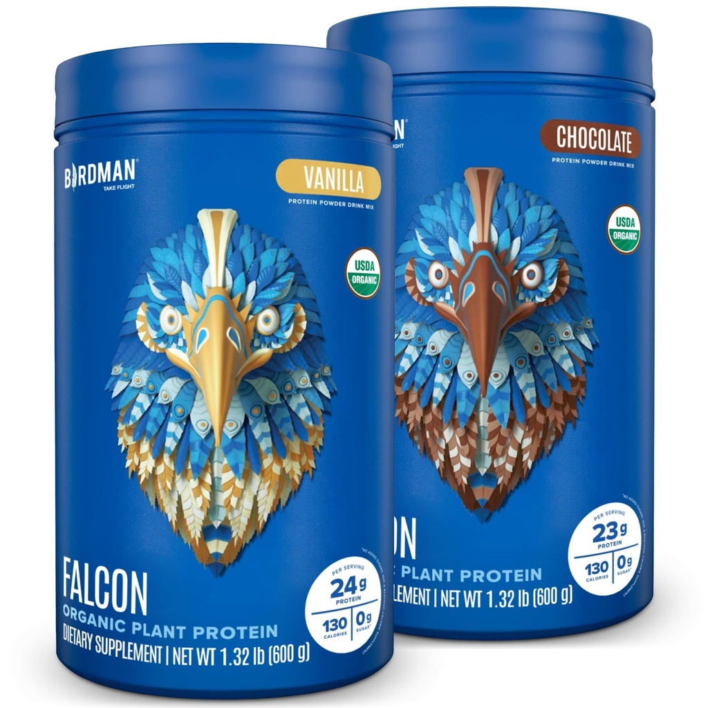 BIRDMAN Falcon Vegan Protein Powder Organic, Stevia & Sugar Free, Plant Based, Low Carb, Dairy Free, Keto, Non Whey, Probiotic, Pea Protein Medic124; Combo Pack: Vanilla & Chokolade Flavors - 20 Servere hver