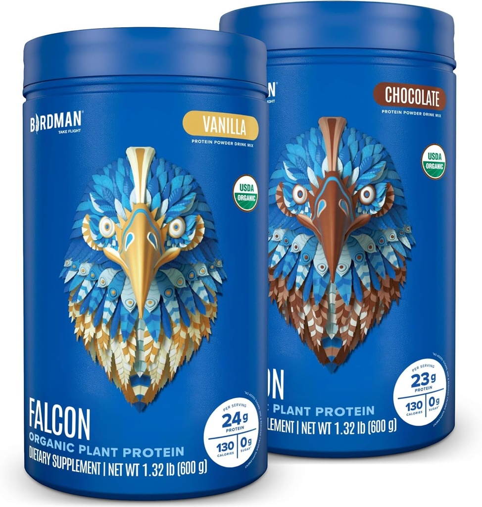 BIRDMAN Falcon Vegan Protein Powder Organic, Stevia & Sugar Free, Plant Based, Low Carb, Dairy Free, Keto, Non Whey, Probiotic, Pea Protein Medic124; Combo Pack: Vanilla & Chokolade Flavors - 20 Servere hver