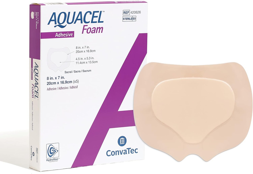ConvaTec AQUACEL Foam 8 "x7" Sacral Wund Dressing med Silicone Gel Adhesive, Vandtæt, Fleksibel, Medical Grade med Hydrofiber teknologi, Steril, rektangel, 5kt Box