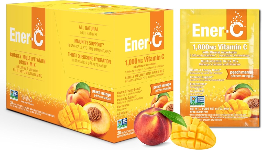 Energi- C Peach Mango Multivitamin Drink Mix Powder Vitamin C 1000mg & Elektrolytes med Real Fruit Juice Natural Energy & Immune Support for Women & Men - Non- GMO Vegan & Gluten Free - 30 Greve