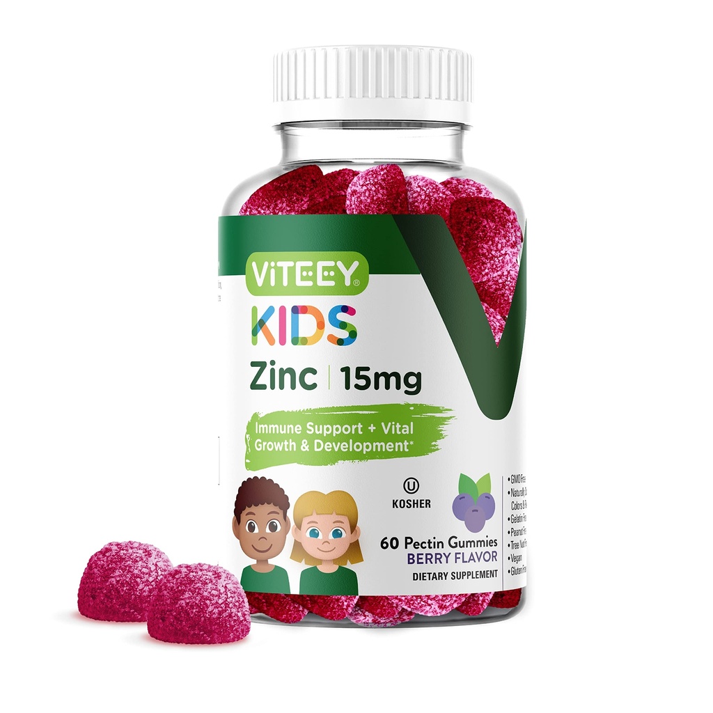 Viteey Zink til børn Gummies, 15mg - immunforsvar - kraftfulde naturlige antioxidant, Kids Zink Vitamin Supplement - Vegan, Gelatine Free, Gluten Free - Tasty Chewable Berry Flavor Gummy