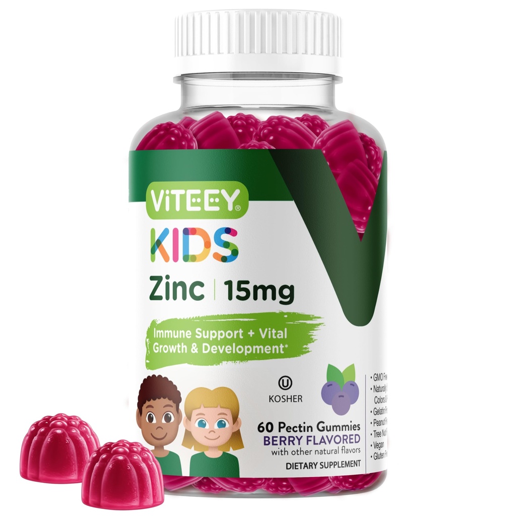 Viteey Zink til børn Gummies, 15mg - immunforsvar - kraftfulde naturlige antioxidant, Kids Zink Vitamin Supplement - Vegan, Gelatine Free, Gluten Free - Tasty Chewable Berry Flavor Gummy