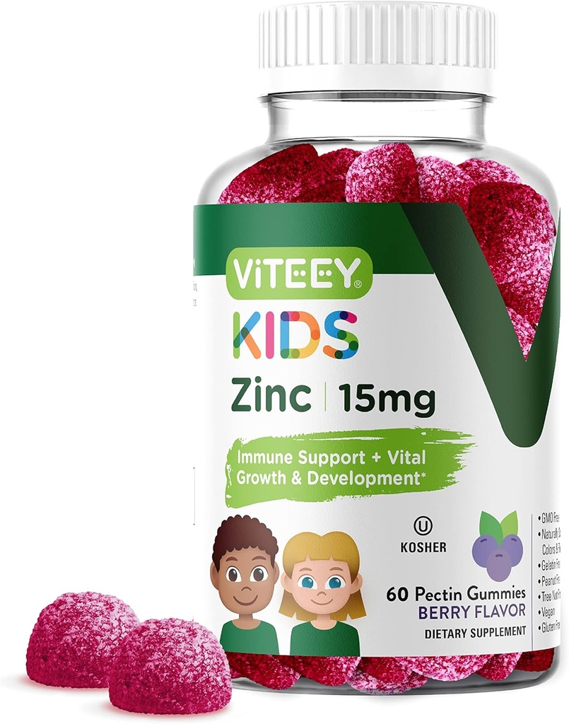 Viteey Zink til børn Gummies, 15mg - immunforsvar - kraftfulde naturlige antioxidant, Kids Zink Vitamin Supplement - Vegan, Gelatine Free, Gluten Free - Tasty Chewable Berry Flavor Gummy