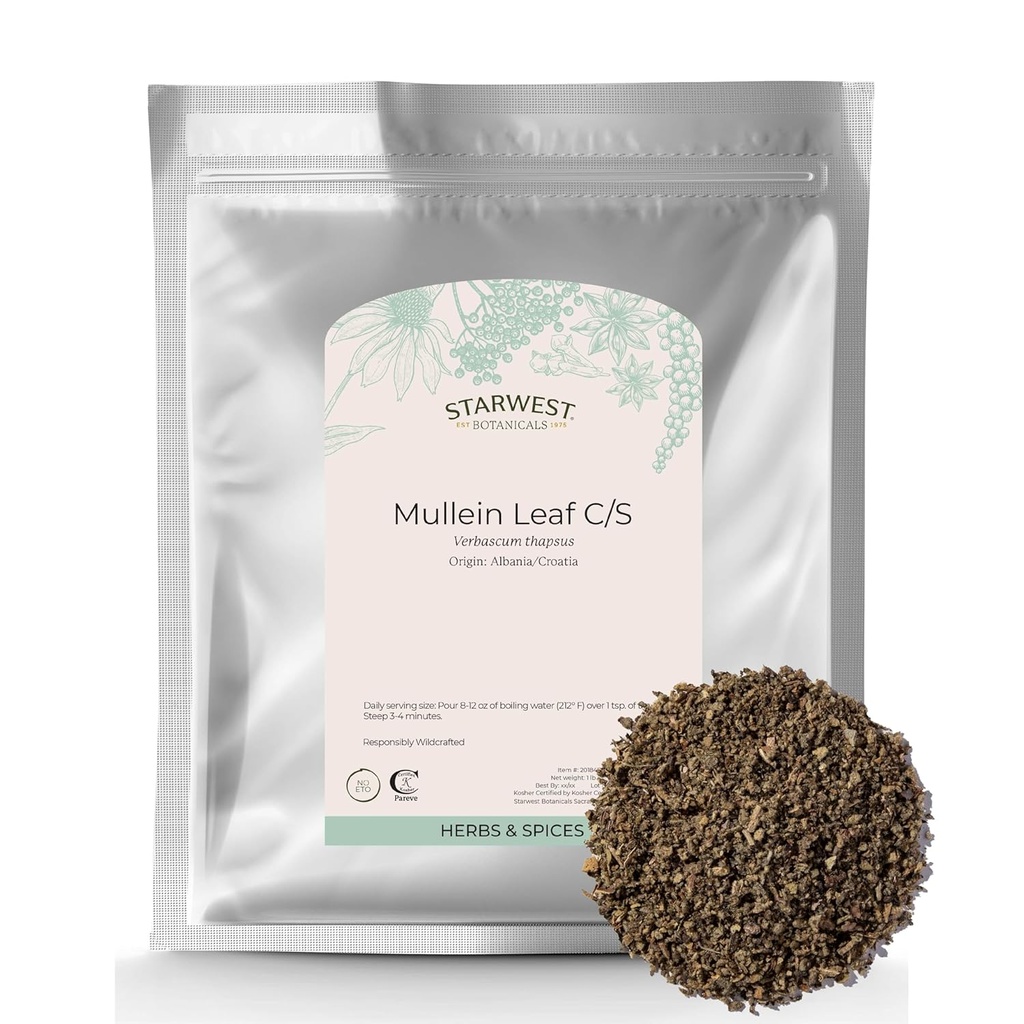 Starwest Botanicals Wildcrafted Mullein Leaf - Dried Loose Leaf Herb for Tea, Cut & Sifted Bag, Natural Source of Antioxidants, Certified Kosher - Bulk 1 lb Bag