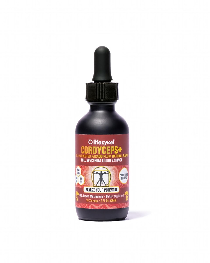 Lifecykel Cordyceps Mushroom Extract w/Kakadu Plum- Natural Energy Supplement for Fatigue & Stamina- Mycelium Vitamin C Antioxidants Non-GMO Organic Mushrooms Made in US, 2 Fl oz (Packaging May Vary)