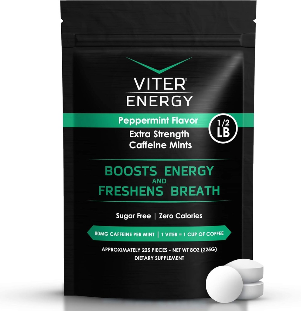 Viter Energy Extra Strength Coffeined Mints 80mg Coffein, B Vitamin, Sukker Free. (Pebermynte, 8oz, Bulk Bag)