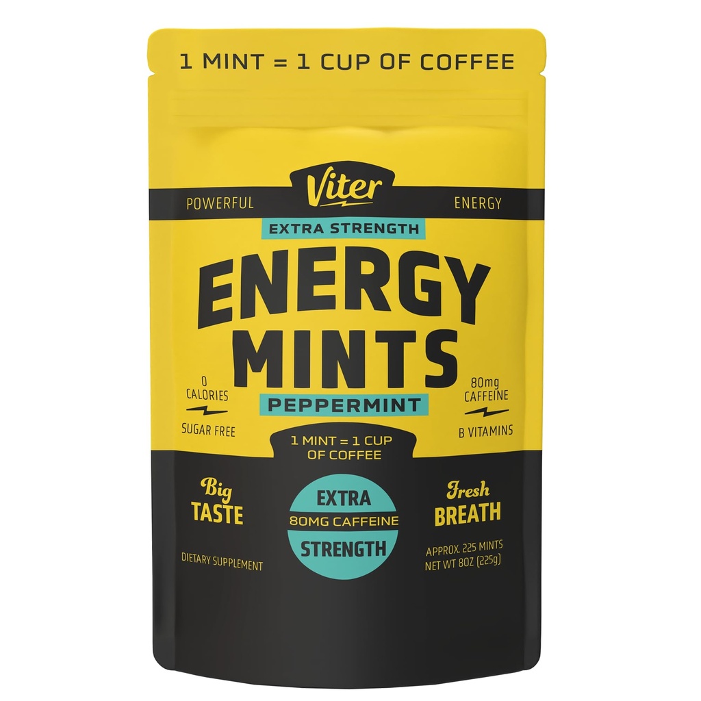 Viter Energy Extra Strength Coffeined Mints 80mg Coffein, B Vitamin, Sukker Free. (Pebermynte, 8oz, Bulk Bag)