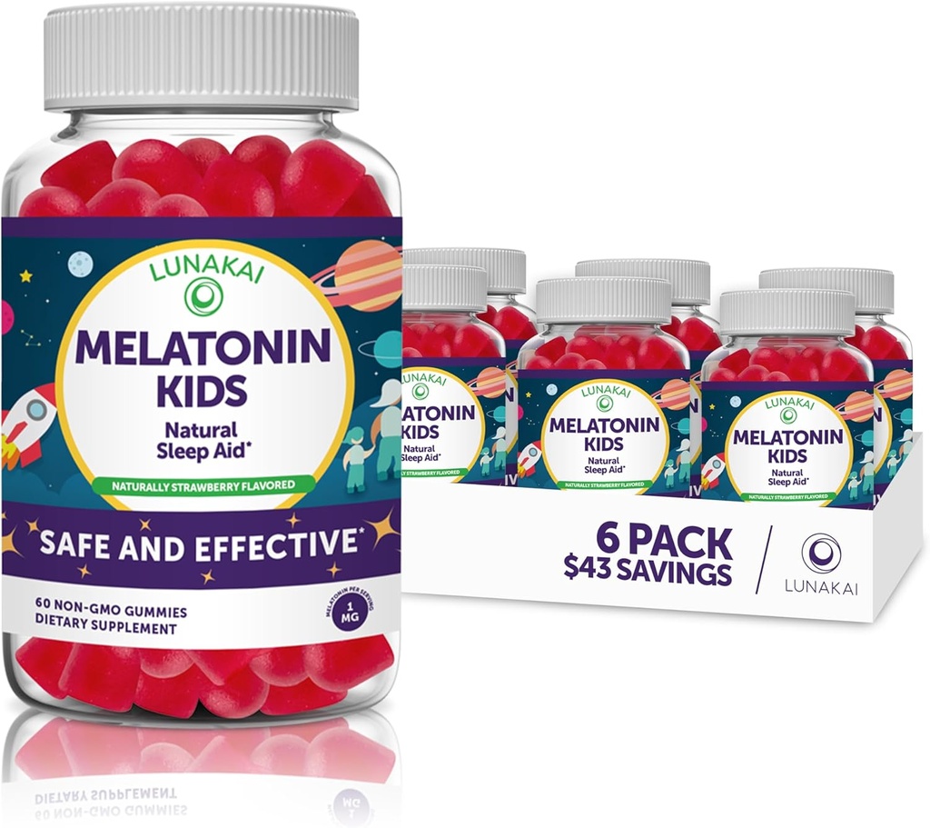 Lunakai Kids Melatonin Gummies 1mg - Tastiest Proprietary Formel - Non-GMO, Vegan, Gluten Free Chewable Low Dosis Supplement for Kids - Natural Sleep Gummy for Children 2 Year Old + - (6 Pack)