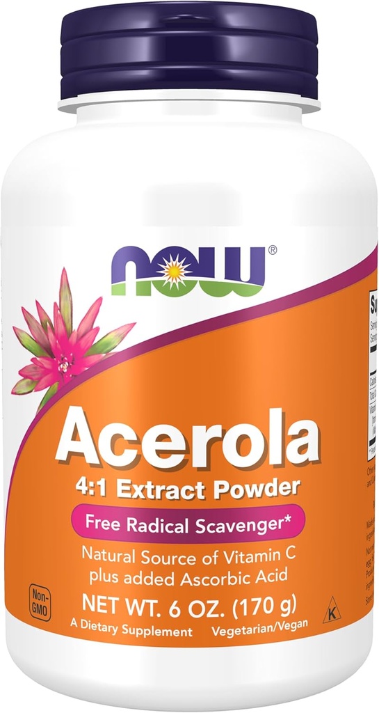 Now Foods Supplements, Acerola 4: 1 Extract Powder, Acerola og Ascorbic Acid, Free Radical Scavenger *, 6 -Ounce