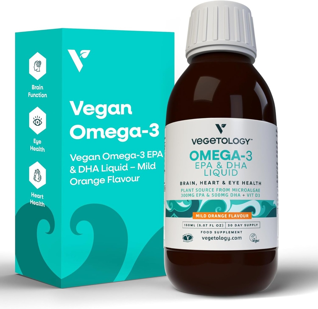 Vegansk Omega 3 Væske, fra Mikroalger, 800mg af EPA DHA, med vitamin D3, understøtter hjerte, hjerne, og øje sundhed, Natural Fish Oil Alternative, UK Made, Mild Orange Armaged