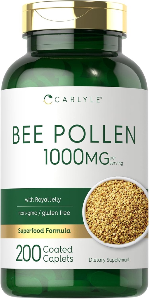 Carlyle Bee Pollen Supplement: 124; 1000mg • 124; 200 kapsler • 124; med Royal Jelly og Bee Propolis • 124; for mænd og kvinder • 124; Vegetar, Non- GMO, Gluten Free