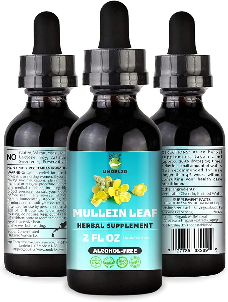 Undelio 's Herbal Mullein Leaf Extract - Organic & Alkohol- Free Tincture for Respiratory, Lung, Sleep & Digestive Support - Non- GMO, Vegan - 2 fl. Oz for immunforsvar & Lung Detox
