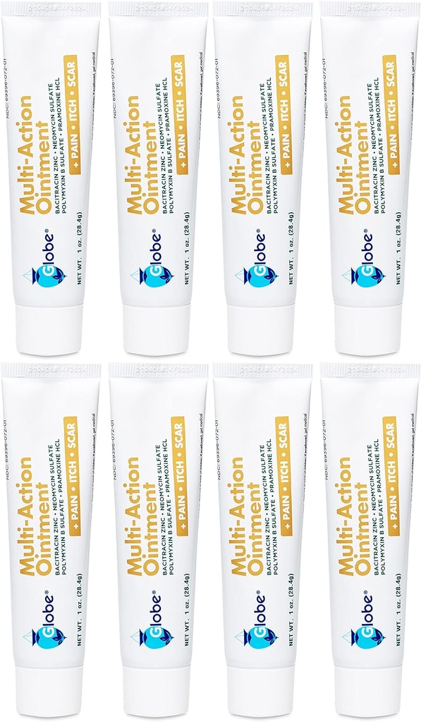 Globe Multi- Action Salve • 124; Antibiotisk Maling - Lempelse, Anti- Itch, & Scar Minimizer • 124; Førstehjælp salve • Neomycin, Bacitracin, Pramoxine HCl & Polymyxin B • 124; Treatings Minor Cuts, Scrapes & Burns (8)