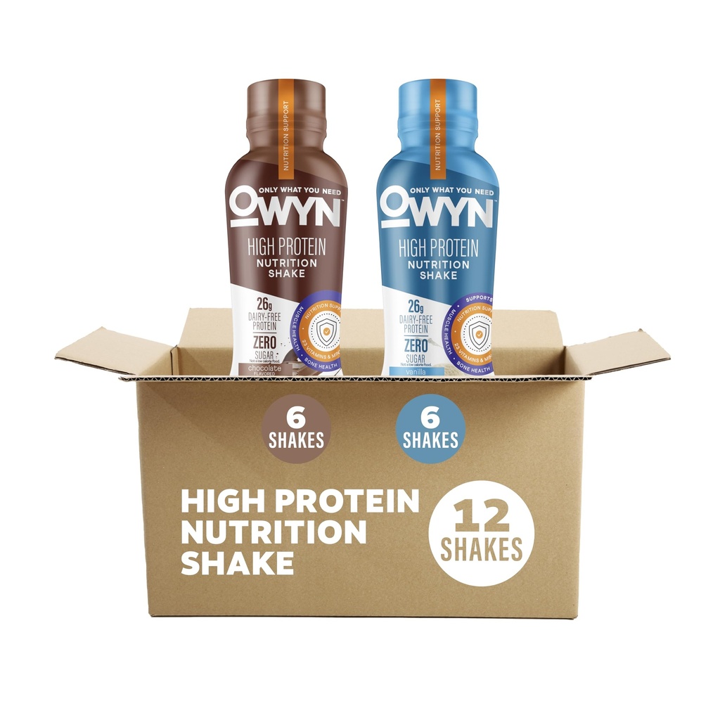 OWYN Kun hvad du har brug for High Protein Plant Based Complete Nutrition Shake, Chocolate & Vanilla Variety Pack, 12 Fl Oz (12 Pack)