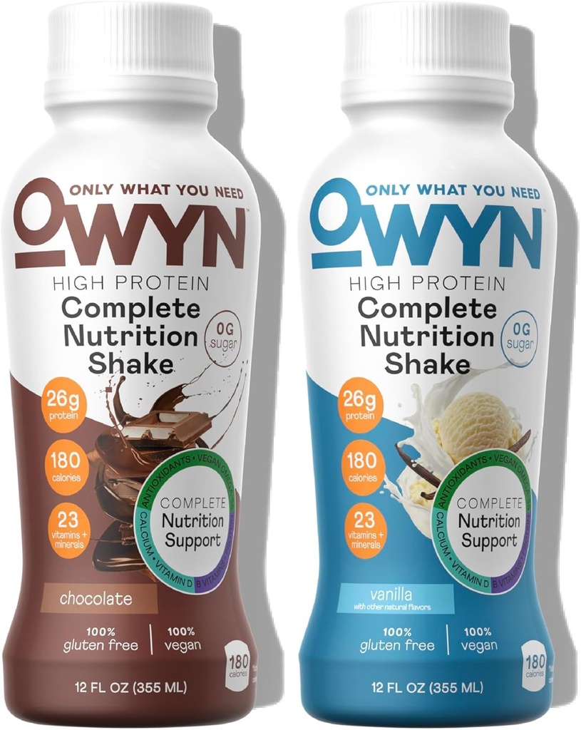 OWYN Kun hvad du har brug for High Protein Plant Based Complete Nutrition Shake, Chocolate & Vanilla Variety Pack, 12 Fl Oz (12 Pack)