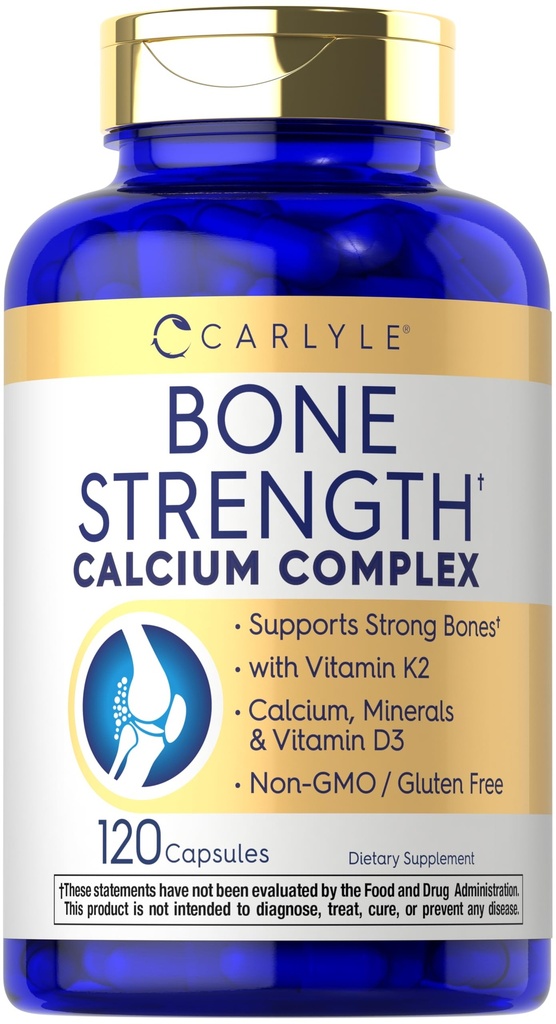 Carlyle Bone Strength Calcium Complex Depottilskud 124; med vitamin D3, Magnesium, K2, Zink & Boron Depotinjektionsvæske 124; 120 Kapsler 124; Non- GMO, Gluten Free