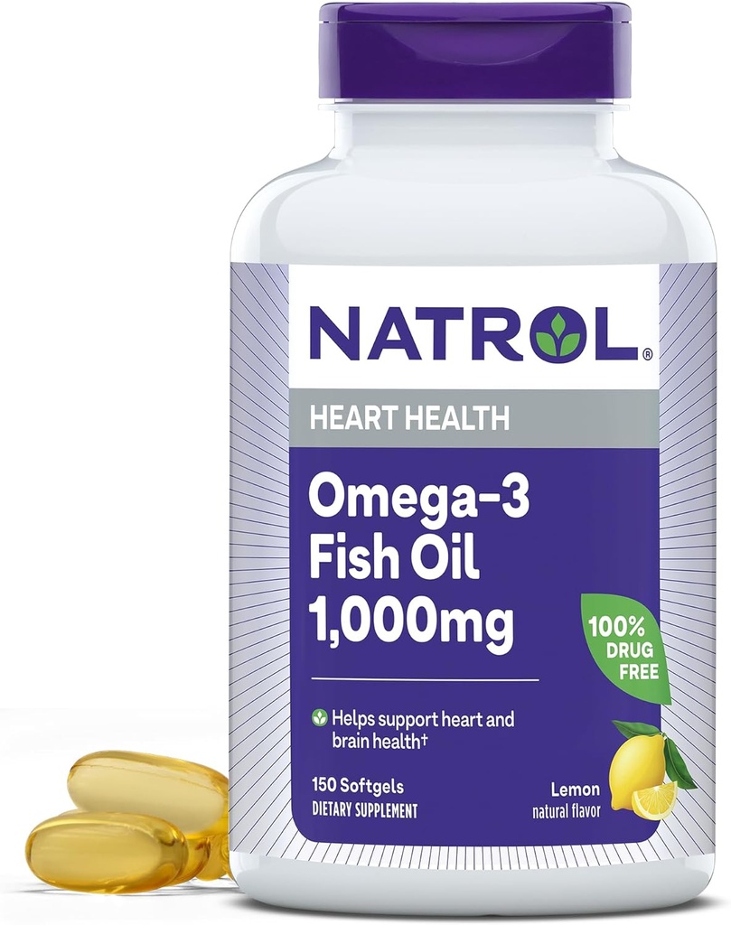 Natrol, Omega-3 Fish Oil Softgel, Heart Health Dietary Supplement, 1000 mg, 150 Tæl