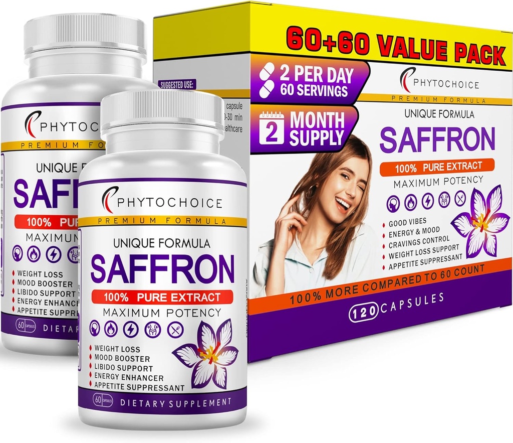 Saffron Kosttilskud - 100% Pure Saffron Extract Kapsler - Boost Energy & Mood, Focus, Vision, Understøtter Eye, Retina, og Lens Sundhed, Support Heart Health for Kvinder & Mænd - Made in USA - 120 Kapsler