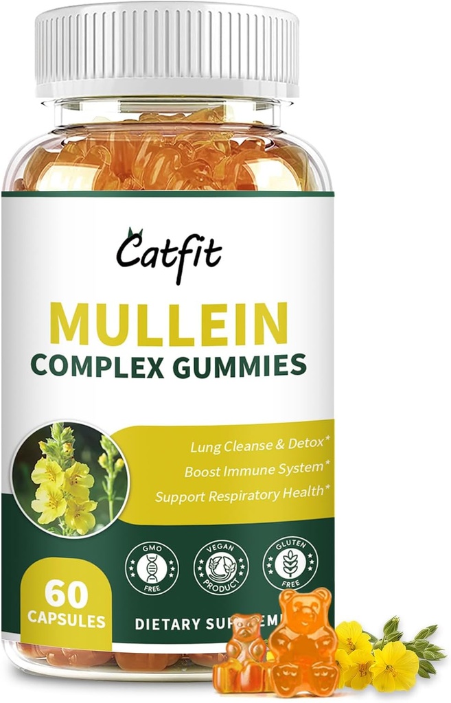 Catfit Mullein Gummies for Lungs - Mullein Leaf Extract med Quercetin, Elderberry for Respiratory & immun Support, Lung Health & Breathing, Vegan, Ananas Flavor, 60 Gummies