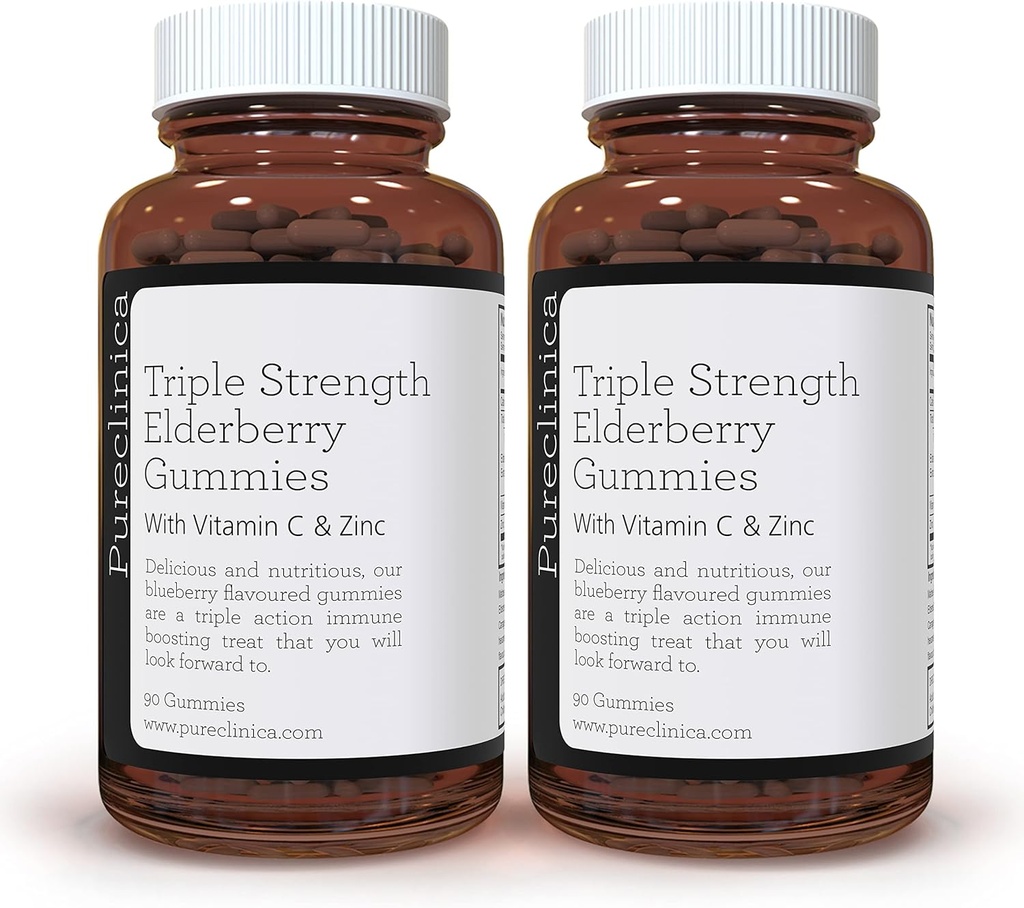 pureclinica Triple Strength Immunsupport - Elderberry Gummies med C-vitamin & Zink x 180 Gummies (2 flasker med 90) - op til 6 måneder Tilgang!