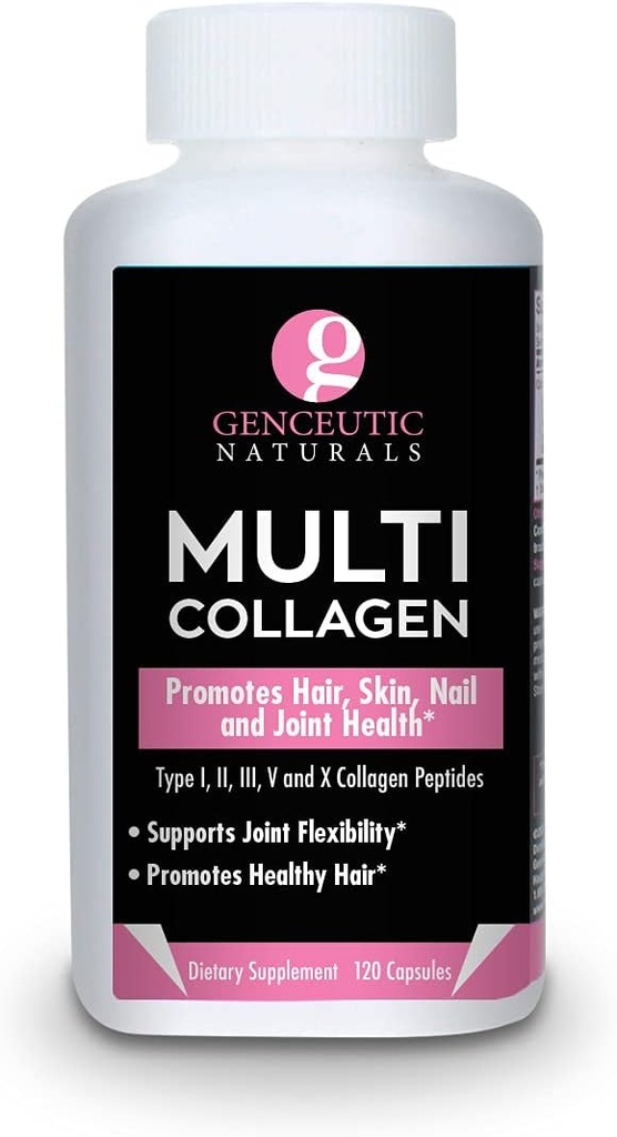 Genceutic Naturals Multi Collagen kapsler Typer I, II, III, V & X - 120 Veg Caps - for sundt hår hud, Nails 1500mg Non- GMO, Pastor- Raised, bur fri og grusom fri kilde