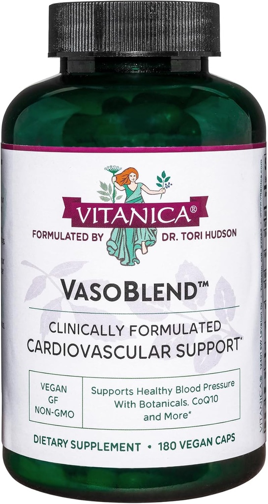 Vitanica VasoBlend - Heart Health Supplement med folinsyre, Magnesium, CoQ10 & Terminalia Arjuna Bark - Heart Health Supplement - Lady - 180 Vegan Caps