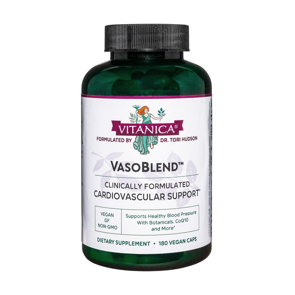 Vitanica VasoBlend - Heart Health Supplement med folinsyre, Magnesium, CoQ10 & Terminalia Arjuna Bark - Heart Health Supplement - Lady - 180 Vegan Caps