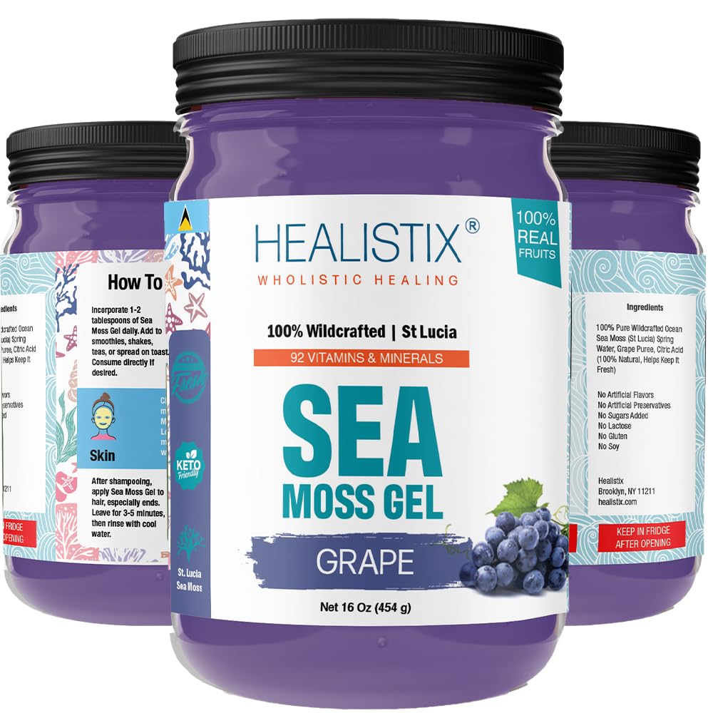 Healistix Grape Irish Sea Moss Gel 16 Oz - St Lucia Wildcrafted Seamoss Gel, pakket med 92 vitaminer - Superfood til immunforsvar, non-GMO, Keto, Vegan