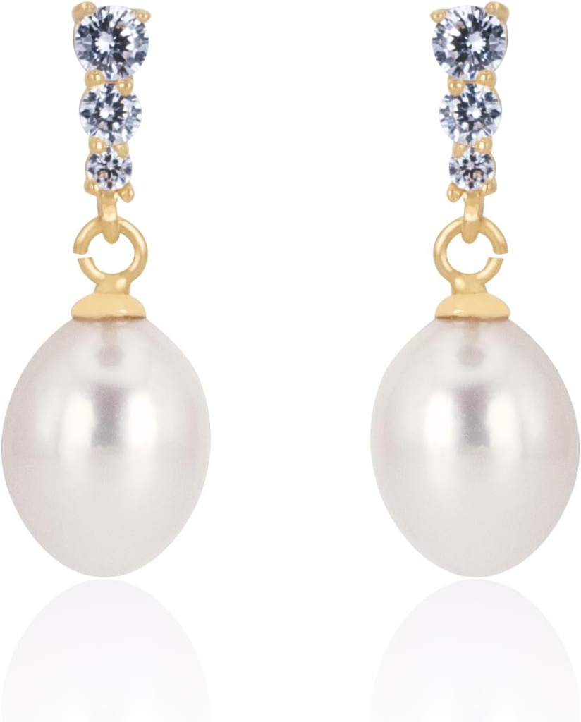 18K forgyldt sterling sølv dingle hvid dråbe håndplukket kvalitet ferskvandsperle bryllup øreringe med Cubic Zirconia krystaller perle brude øreringe smykker til brude