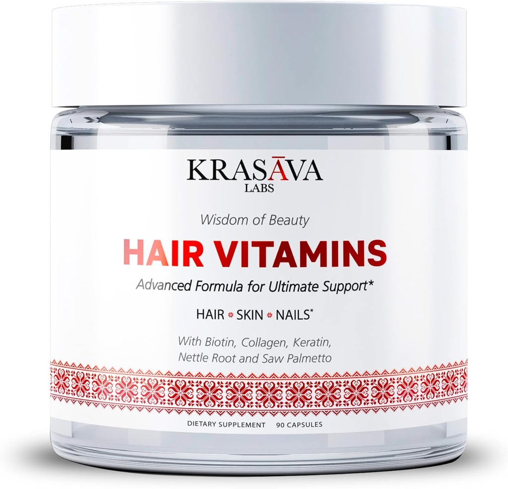 Hårvækst Vitaminer med Biotin, Collagen, Keratin, Nettle Root og Saw Palmetto understøtter sundt hår, Stimulerer hår follicles, og forebygger hårtab & tynding. Made in USA - 90 Count