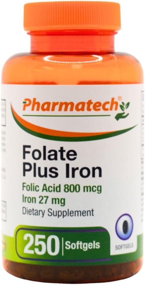 Folinsyre 800 mcg Plus jern 27 mg tillæg til kvinder, vitamin B9, folat prenatal, hurtig absorption, Made in USA, 250 Softgels