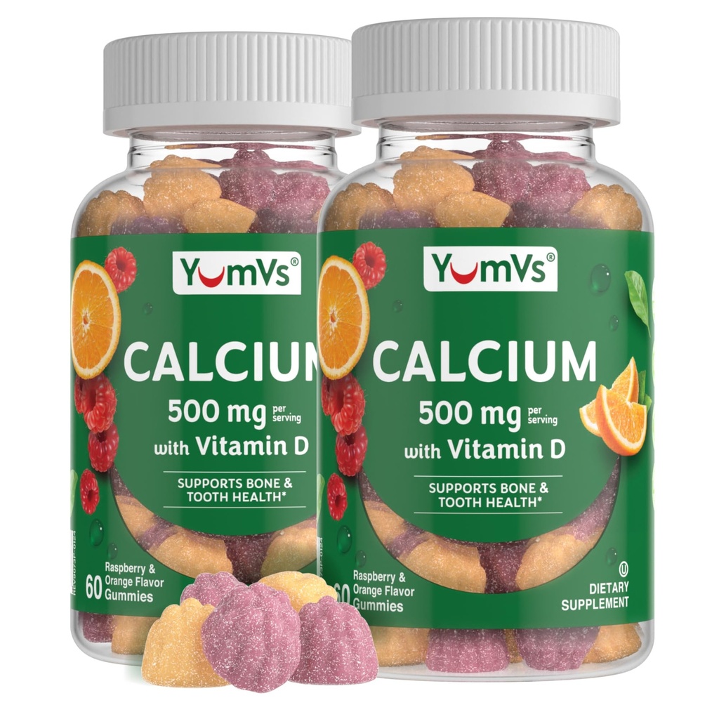 Yumfs Calcium 500mg med vitamin D3 - Hindbær & Orange Flavor Calcium Vitamin D Gummies, tyggetabletter Calciumsupplement til børn og voksne, vitamin D Calcium Gummies (60 greve (pakke med 2))