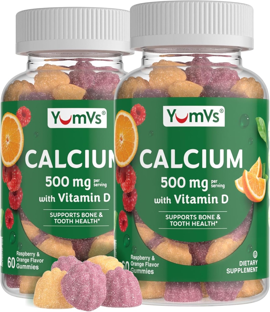 Yumfs Calcium 500mg med vitamin D3 - Hindbær & Orange Flavor Calcium Vitamin D Gummies, tyggetabletter Calciumsupplement til børn og voksne, vitamin D Calcium Gummies (60 greve (pakke med 2))