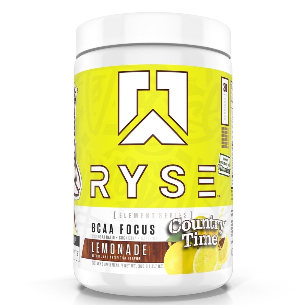 RYSE BCAA Focus Powder - Country Time Lemonade - BCAA supplement med elektrolyter, Natural Coffein & Cognizin støtter til hydrering, inddrivelse, energi, og fokus for mænd og kvinder - 30 Tjenester