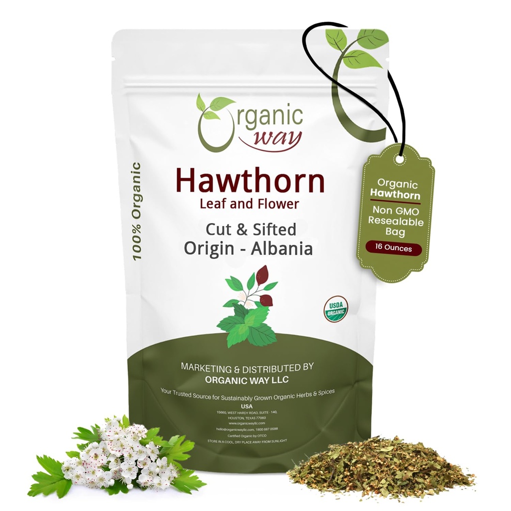 Organic Way Hawthorn Leaf og Flower Cut & Sifted (Crataegus monogyna) - Herbal Tea Mead124; European Wild- Harvest Mead124; USDA & Kosher Certified Mead124; Non GMO & Gluten Free Mead124; Origin - Albanien (16 Oz)