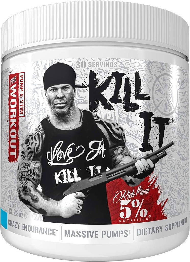 Rich Piana 5% Nutrition Kill It Pre Workout Powder w / Creatin, Jitter- Free Coffein, NO- Booster, Beta Alanine, L- Citrullin for Focus, Pump, Endurance, Recovery 13.23 oz, 30 Srvgs (Blueberry Lemonade)