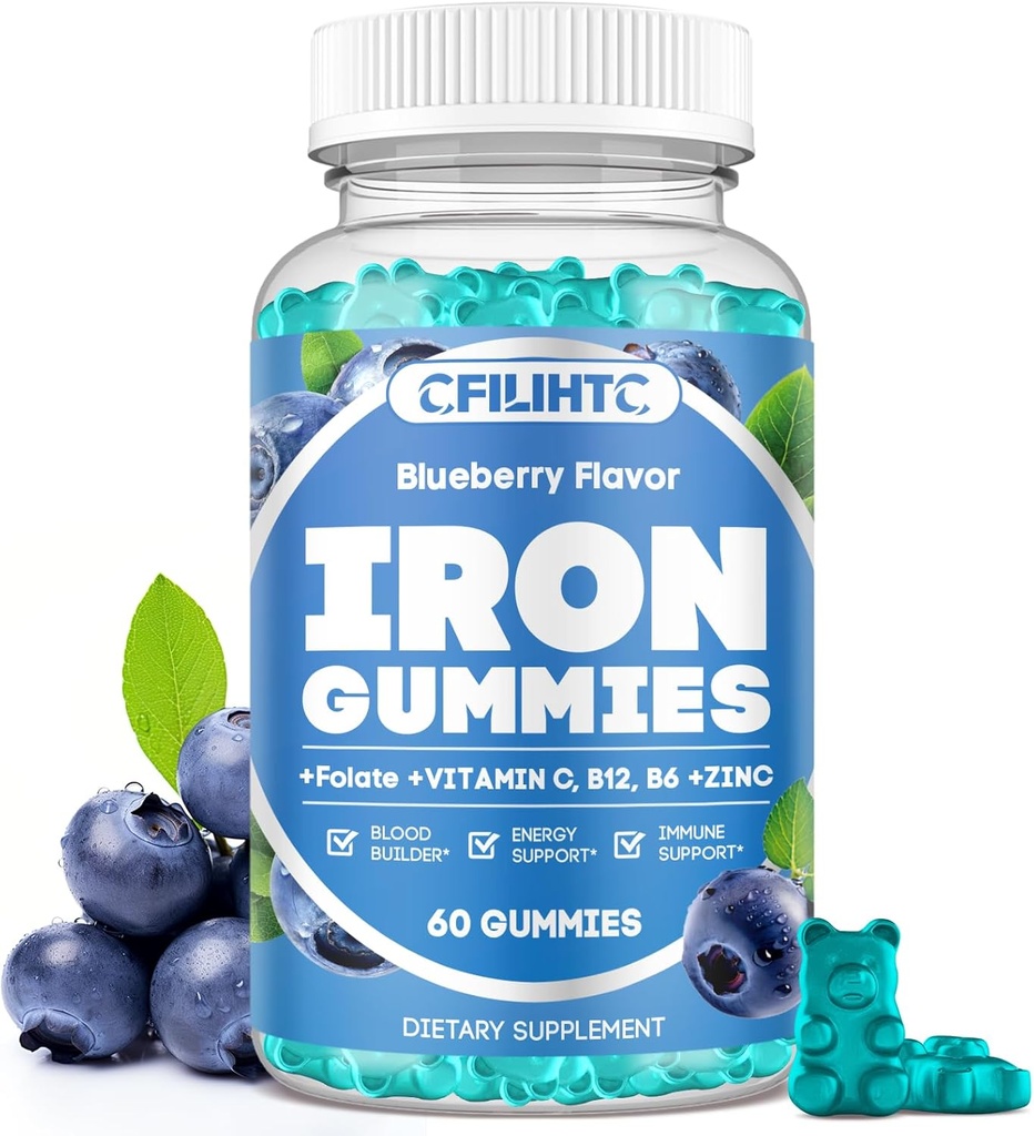 Iron Gummies for Women & Men - Iron Supplement med vitamin B6, B12, C, Zink, Folate for adult & Kids - Support Iron Deficiency, Anemia, Energy Boost, Blood Builder - Sukker fri Vegan 60kt Blåbær