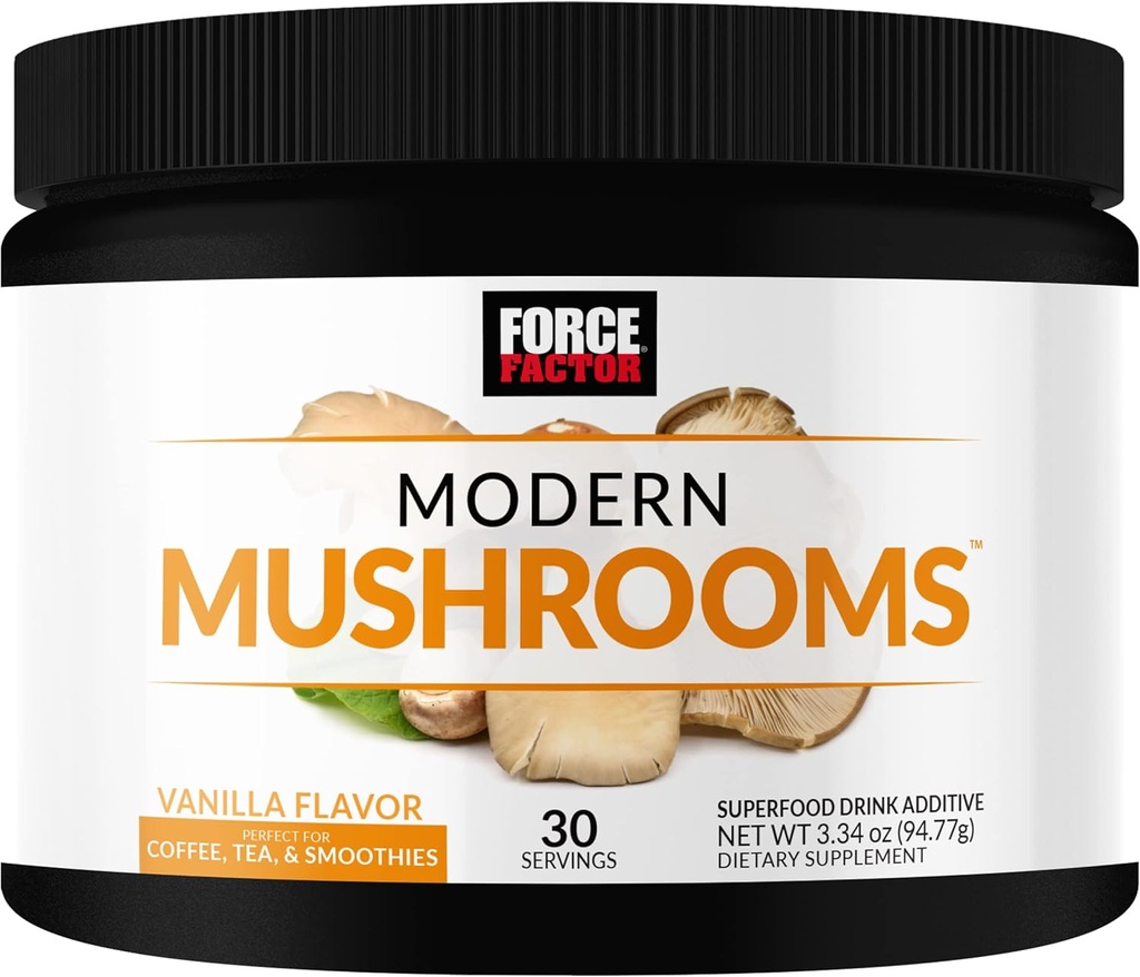 FORCE FACTOR Moderne champignoner pulver, champignon tillæg med Lions Mane, Tyrkiet Hale, & Cordyceps til at støtte energi, fokus, Immunitet, & fordøjelse, Vanilla Flavor, 30 Serveringer