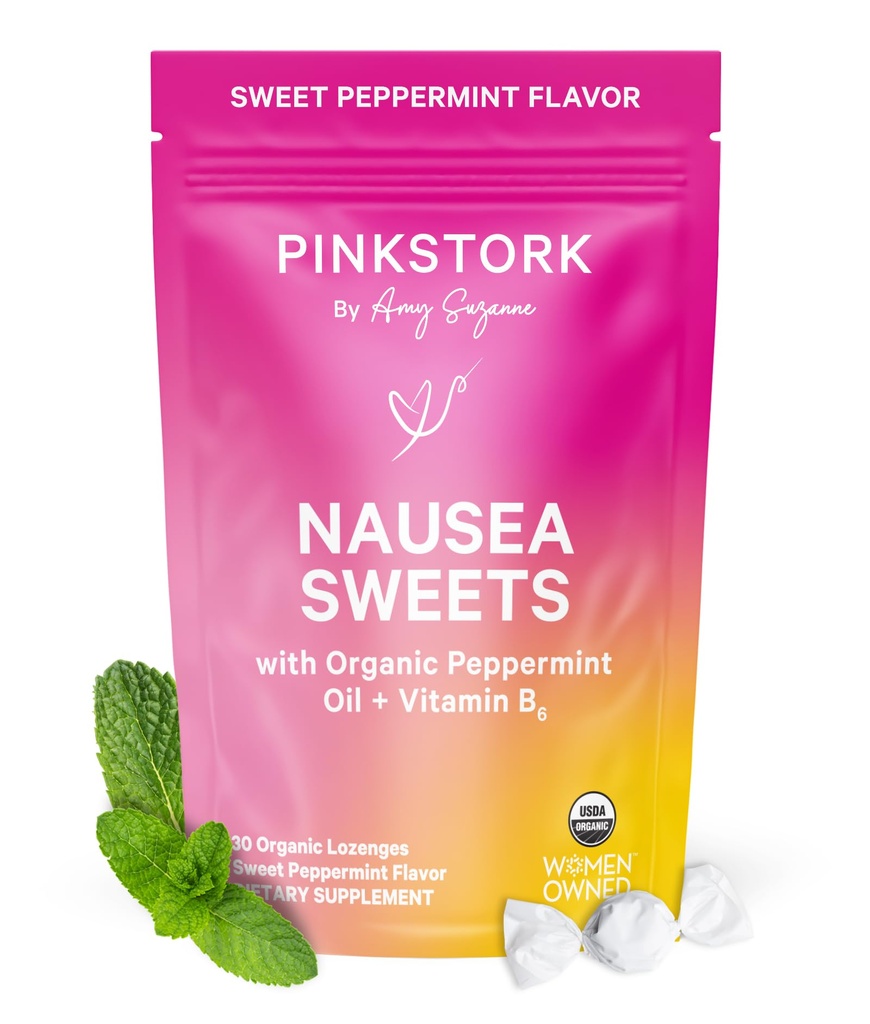 Pink Stork Organic Pebermynte Sweets til morgen Sygdom og Motion Sygdom Support, Tilføjet Vitamin B6, 1. Trimester Graviditet skal Haves - 30 indpakket pebermynte slik