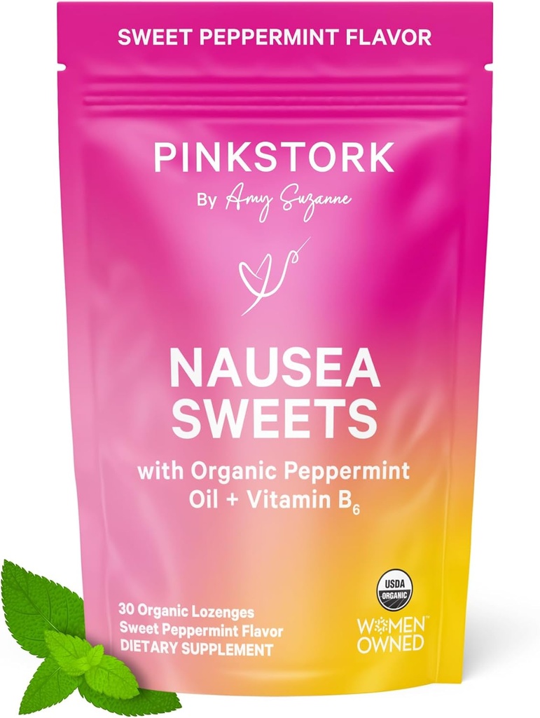 Pink Stork Organic Pebermynte Sweets til morgen Sygdom og Motion Sygdom Support, Tilføjet Vitamin B6, 1. Trimester Graviditet skal Haves - 30 indpakket pebermynte slik
