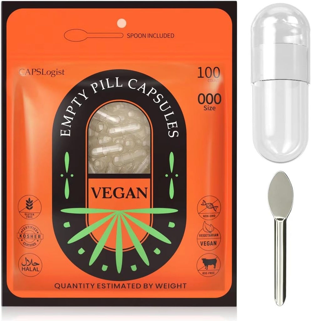 Vegansk tomme piller kapsler Størrelse 000, 100 greve klare tomme kapsler med Micro Lab Spoon, Vegetarisk tomme kapsler, Filtable Veggie piller kapsler 000 til at lave dine egne kosttilskud