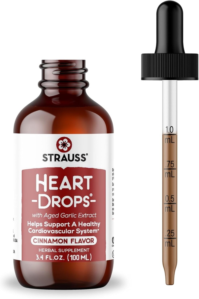 Strauss Naturals Hjertedråber, Urtehjerte Kosttilskud med europæisk Mistelten og ekstrakter af aged hvidløg, 3,4 fl oz, kanel flavor