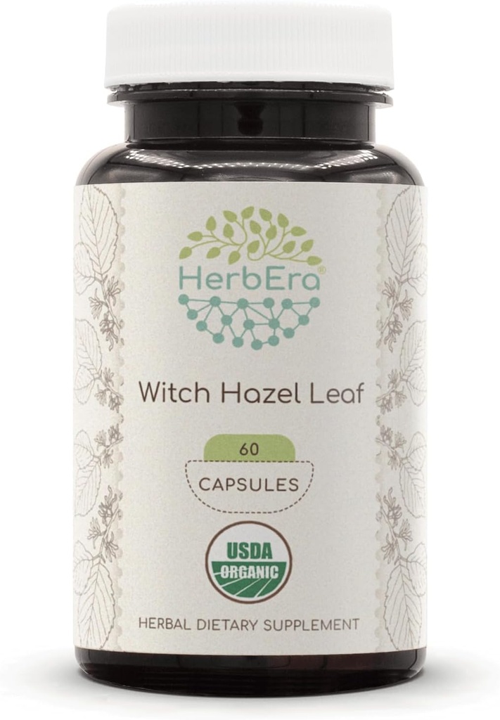 HerbEra Witch Hazel Leaf USDA Organic 60 Capsules ttesmå 124; Natural Herbal Support 124; Certified Organic Vegetar Capsules and Organic Witch Hazel Leaf (Hamamelis virginiana) Tørret Leaf (60 Capsules)