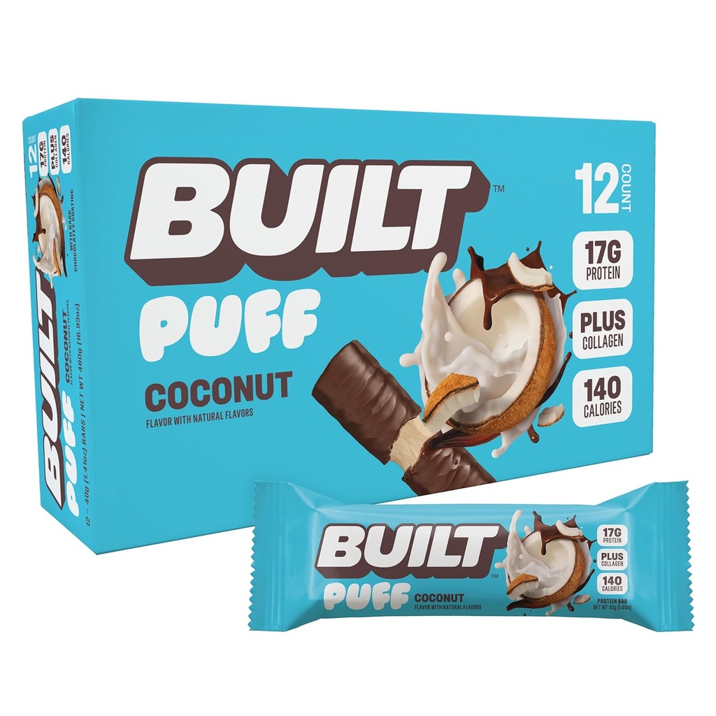 Bygget bar, Puff Protein Bars, kokos Puff, 17g Protein Snacks, On- The- Go Bars, Kun 140 kalorier, 6g Sukker, Collagen, Gluten Free, 12 Greve