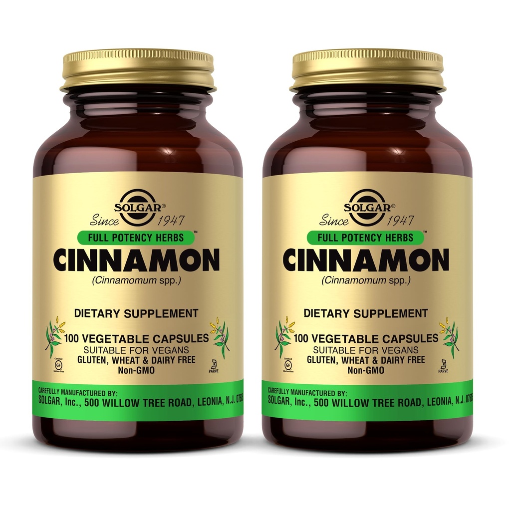 Solgar Cinnamon - 100 Vegetabilske kapsler, Pack of 2 - Full Potency (FP) - Non-GMO, Vegan, Gluten Free, Dairy Free, Kosher - 200 Total Servering